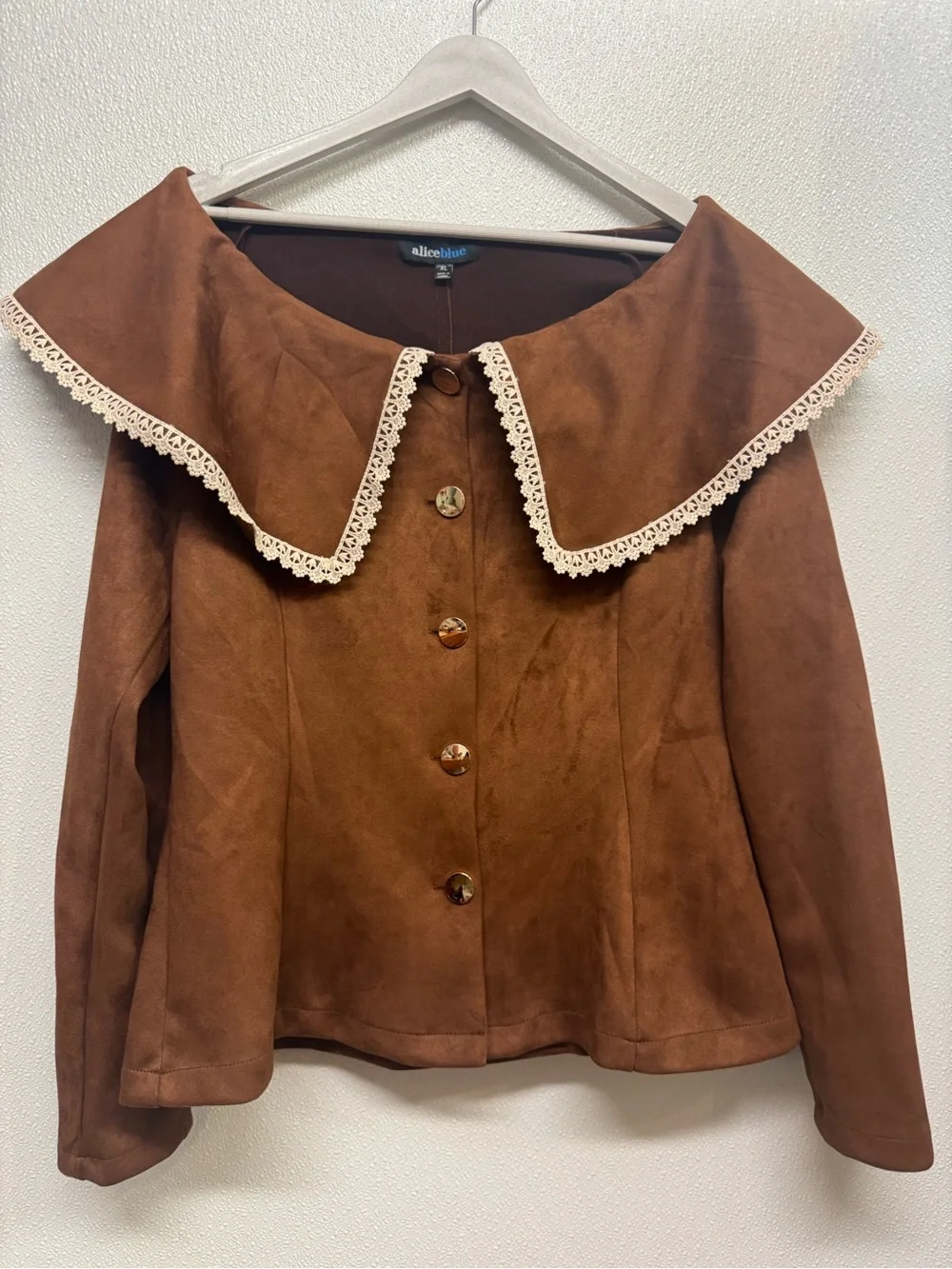 alice blue Brown Faux Suede Button Front Coat with Lace Collar Sz XL (D-94) - Picture 1 of 4